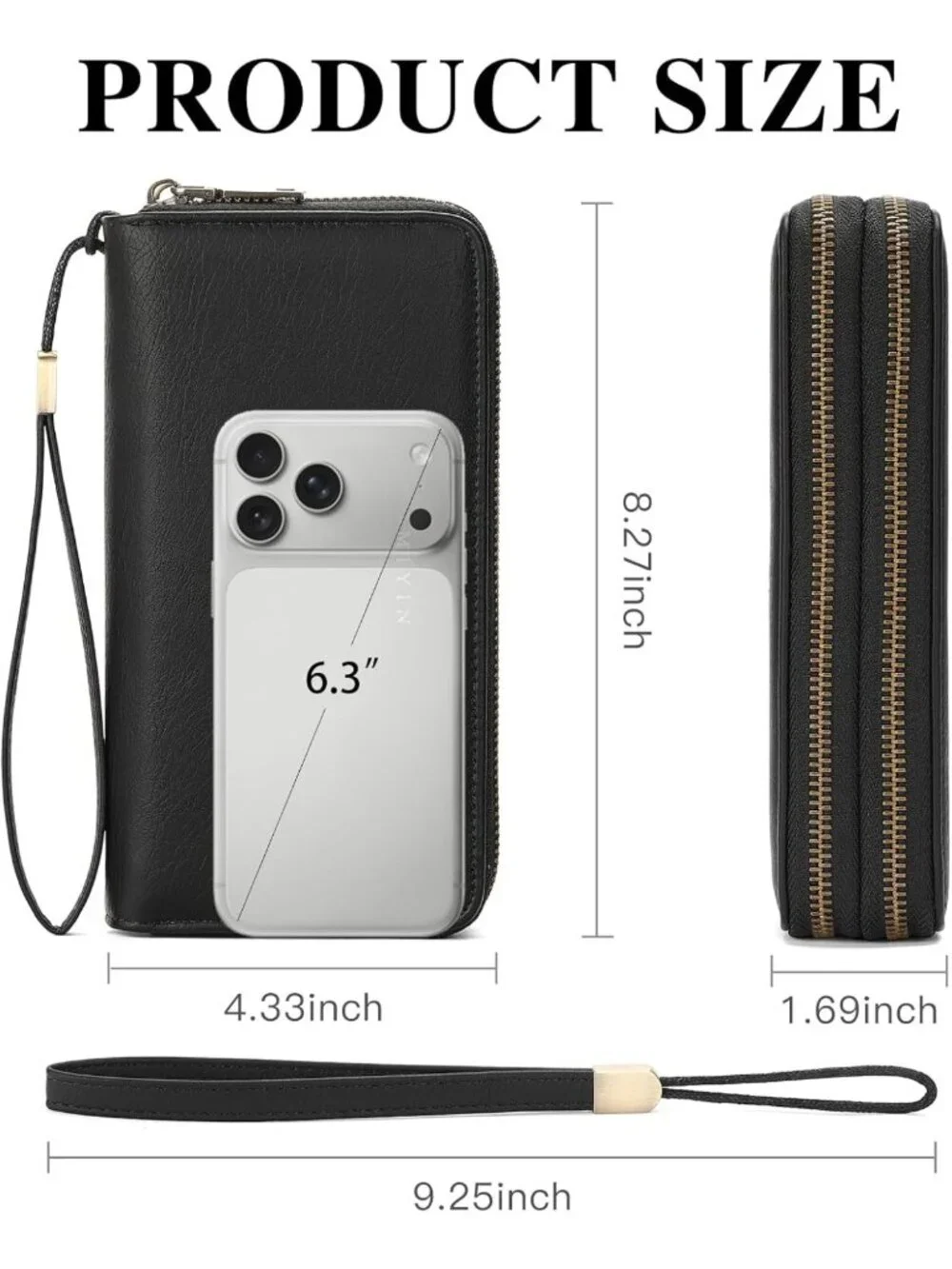 Stylish Black Zip Around Wristlet Wallet for Women - 2 Compartments, Clutch